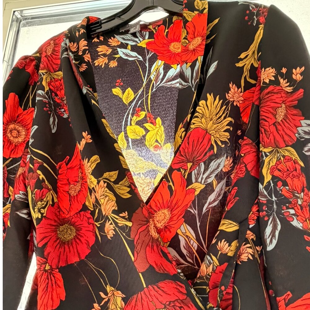 Primark Floral Wrap Blouse – Black & Red